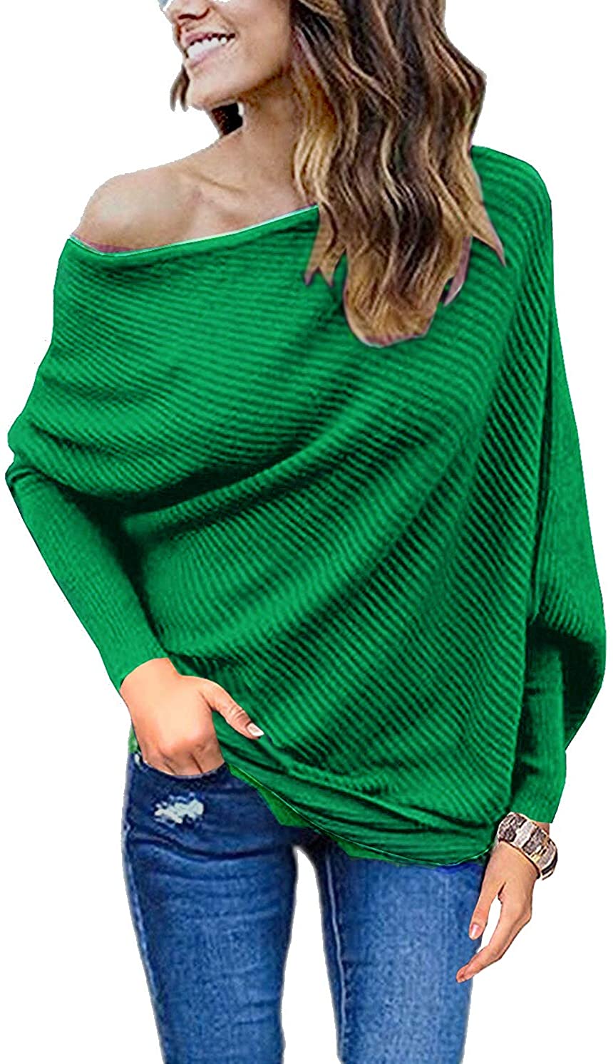 EXLURA Womens Casual Sweater Tassel Boat Neck Loose Oversized Batwing Sleeve Pullover Knitwear Jumper Tops