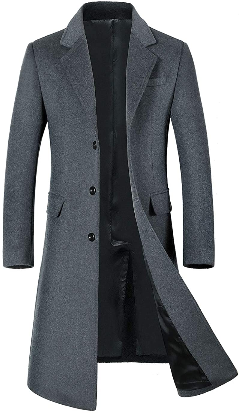 ebossy Mens Wool Blend Full Length Overcoat Single Breasted Long Coat with Flap Pocket