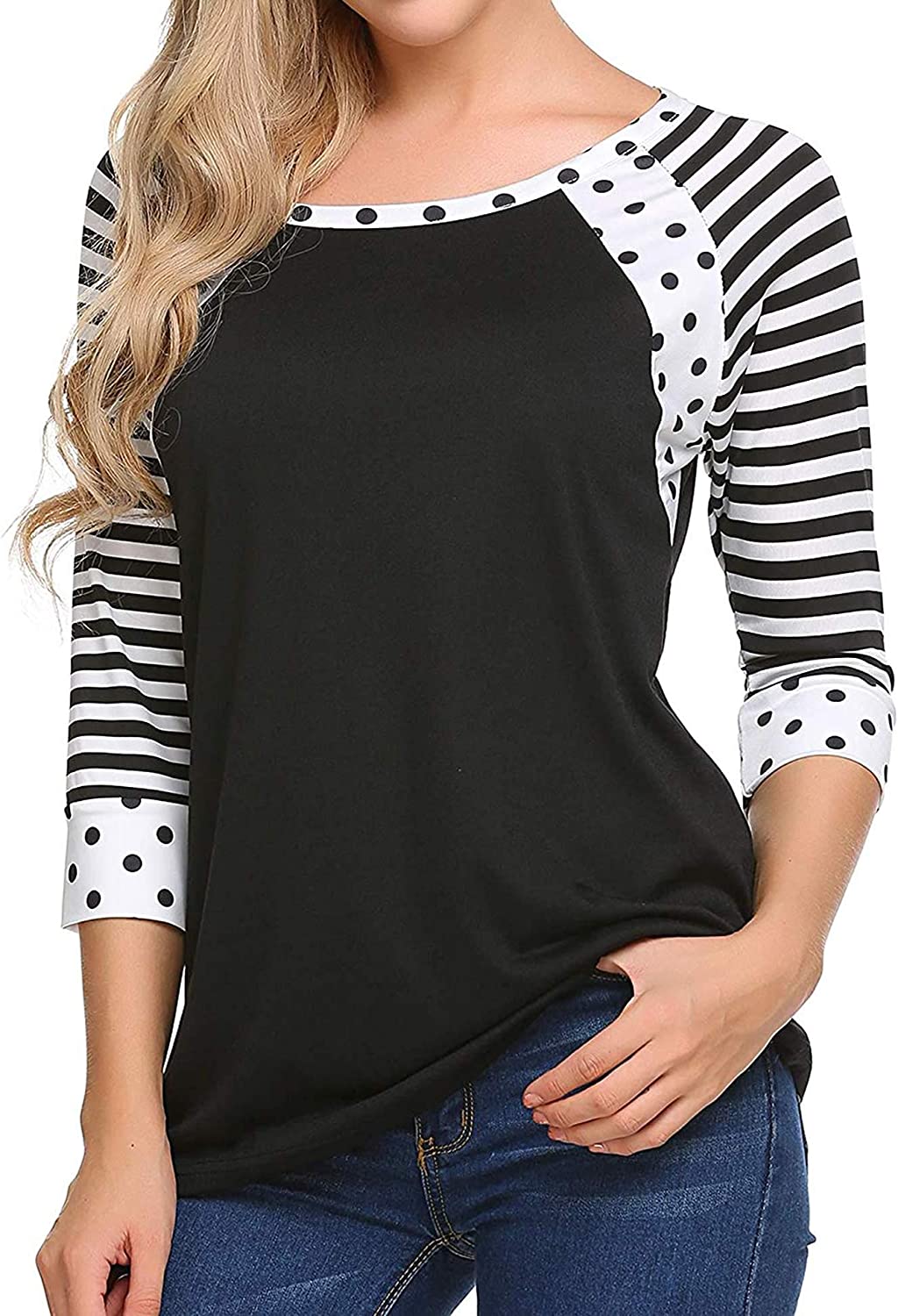 Zeagoo Women's Polka Dots Shirt Striped 3/4 Sleeve Casual Scoop Neck Tops  Tee S-