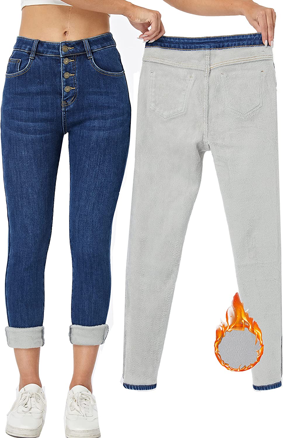 Yehopere Women's Winter Fleece Lined Jeans Slim Fit Warm Skinny High Waist  Denim