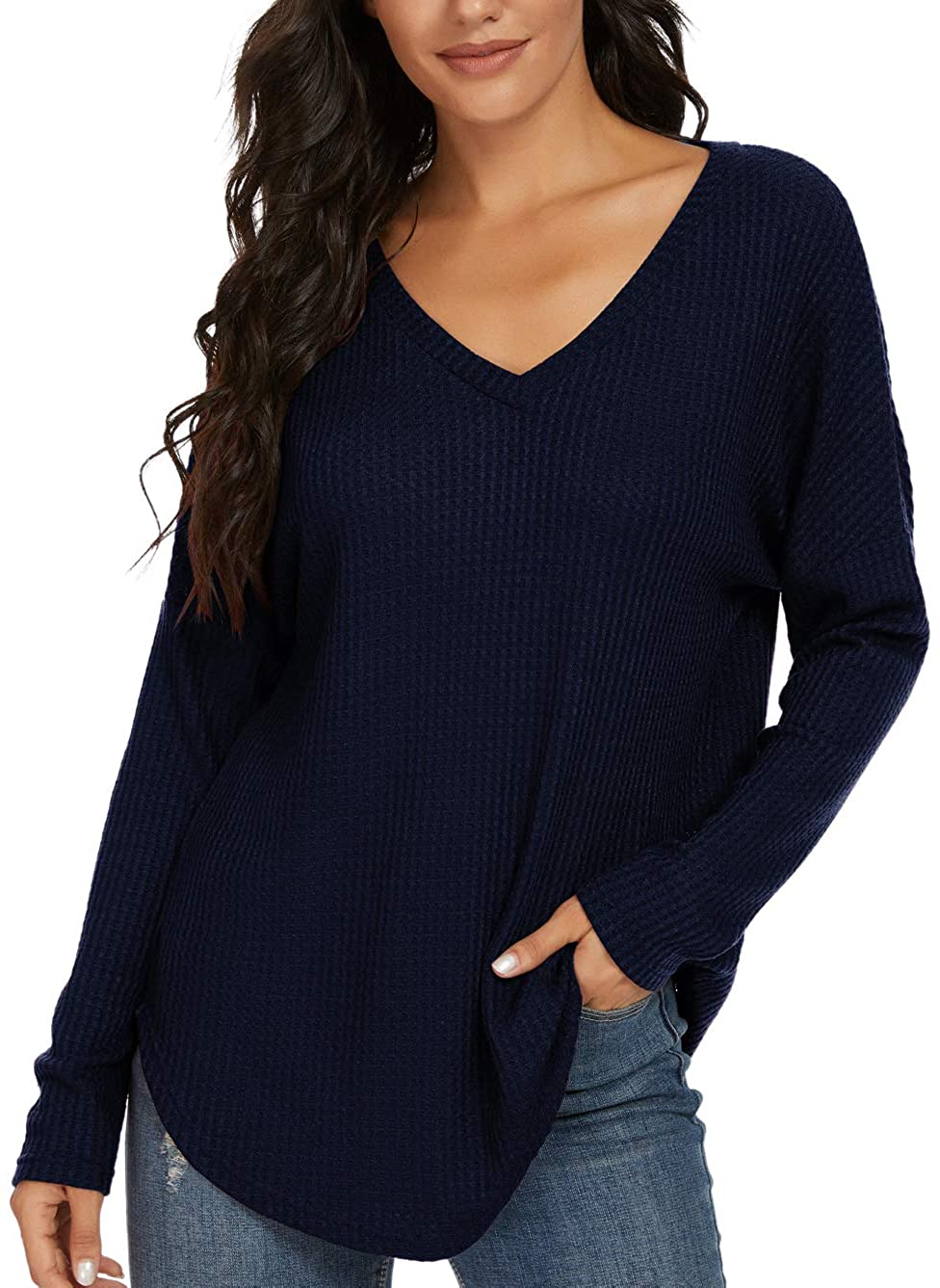 Feirose Womens Off Shoulder V Neck Pullover Waffle Knit Tops Tunic Sweater Shirts 