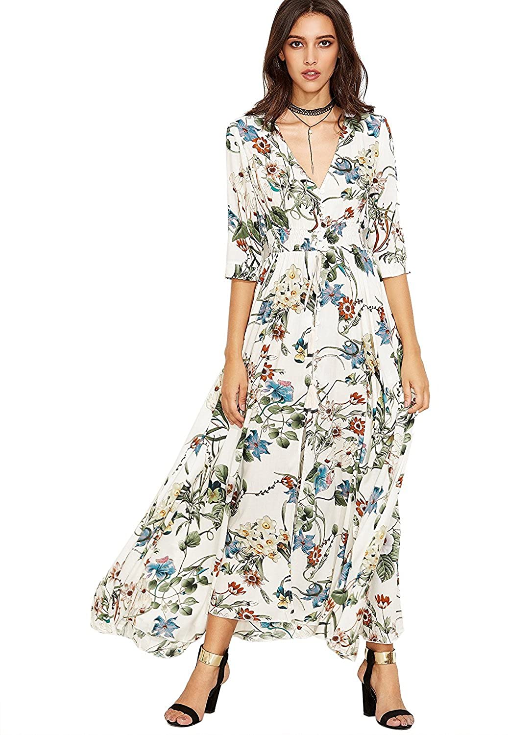 Milumia Women's Button Up Split Floral Print Flowy Party Maxi Dress ...