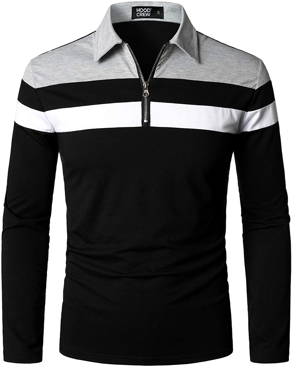 HOOD CREW Men’s Long Sleeve Polo Shirt Casual Slim Fit Shirts Contrast  Color Pat