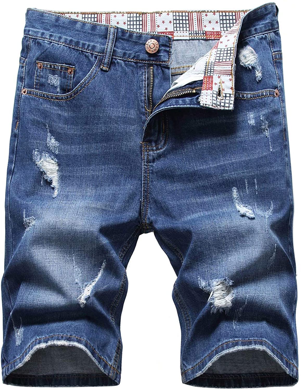 HENGAO Mens Vintage Ripped Holes Mid Rise Washed Jeans Slim Shorts