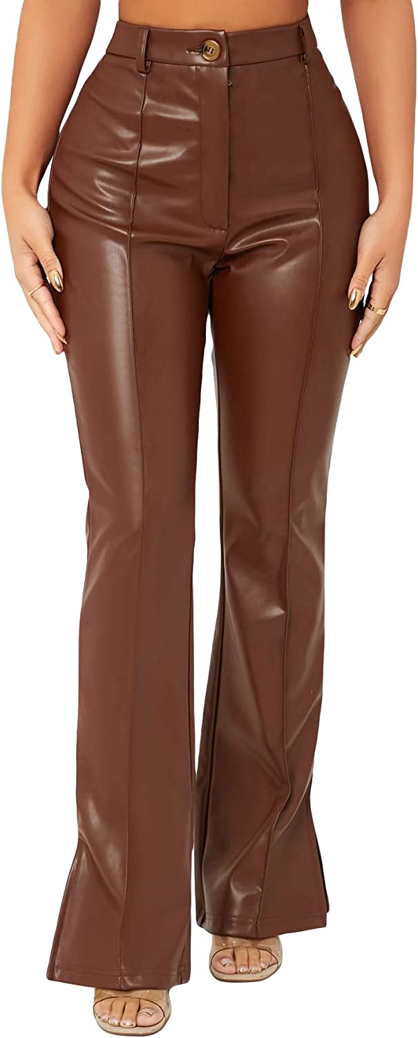 MakeMeChic Women's Faux Leather Pants Straight Wide Leg Leather