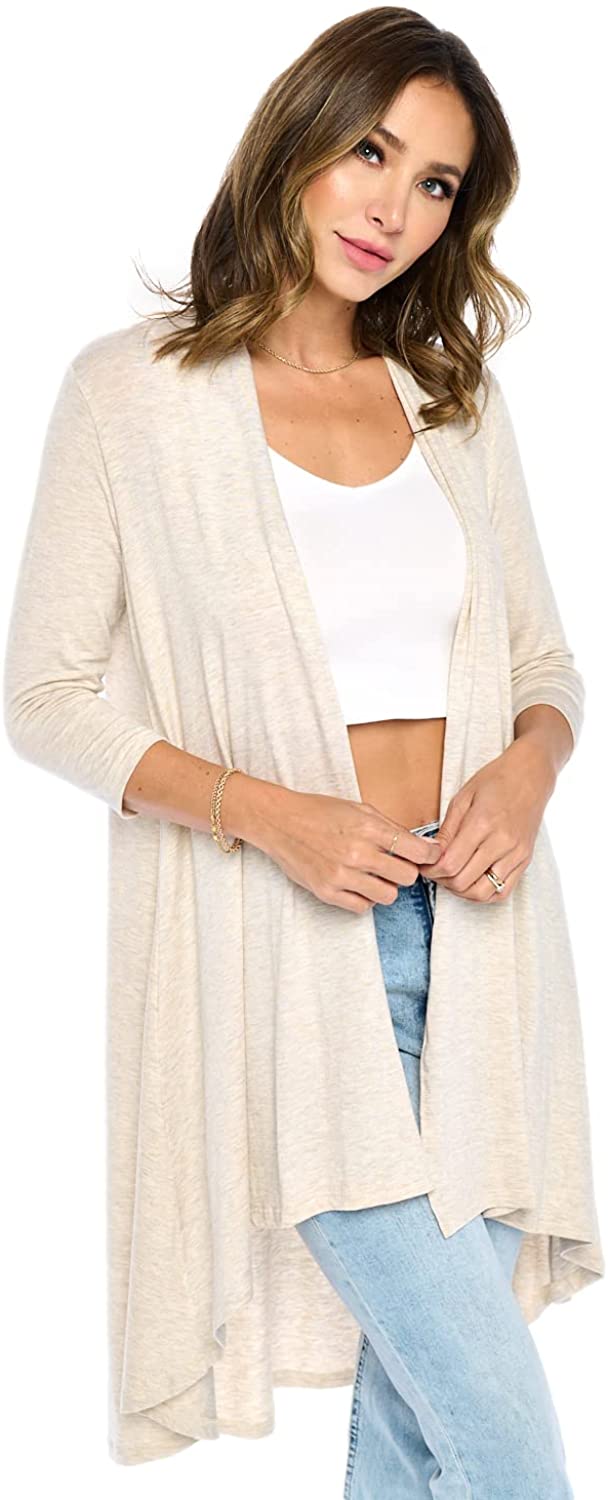 Women's 3/4 Sleeve Extra Soft Open Front Casual Flowy Bamboo Cardigan Made in USA