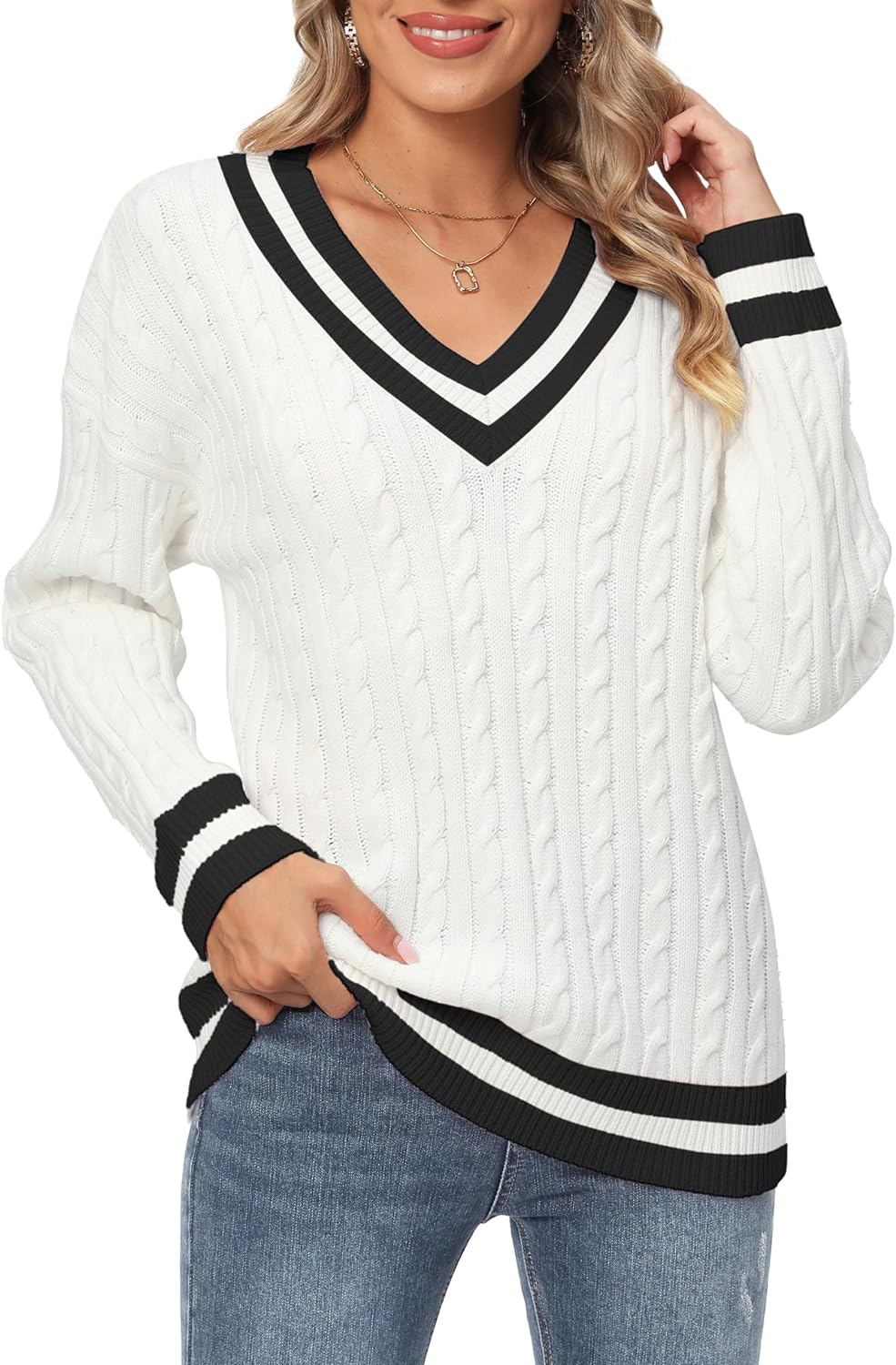 Jollycode Women's Cable Knit V Neck Sweaters Casual Long Sleeve