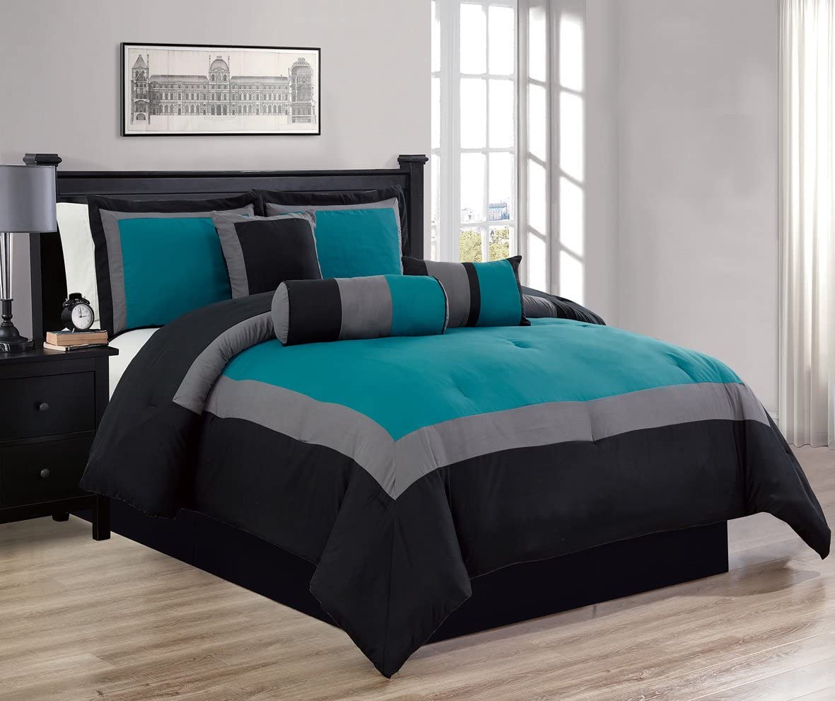 Details about   GrandLinen 7 Piece Teal Blue/Grey/Black/White Scroll Embroidery Bed in A Bag Mic 