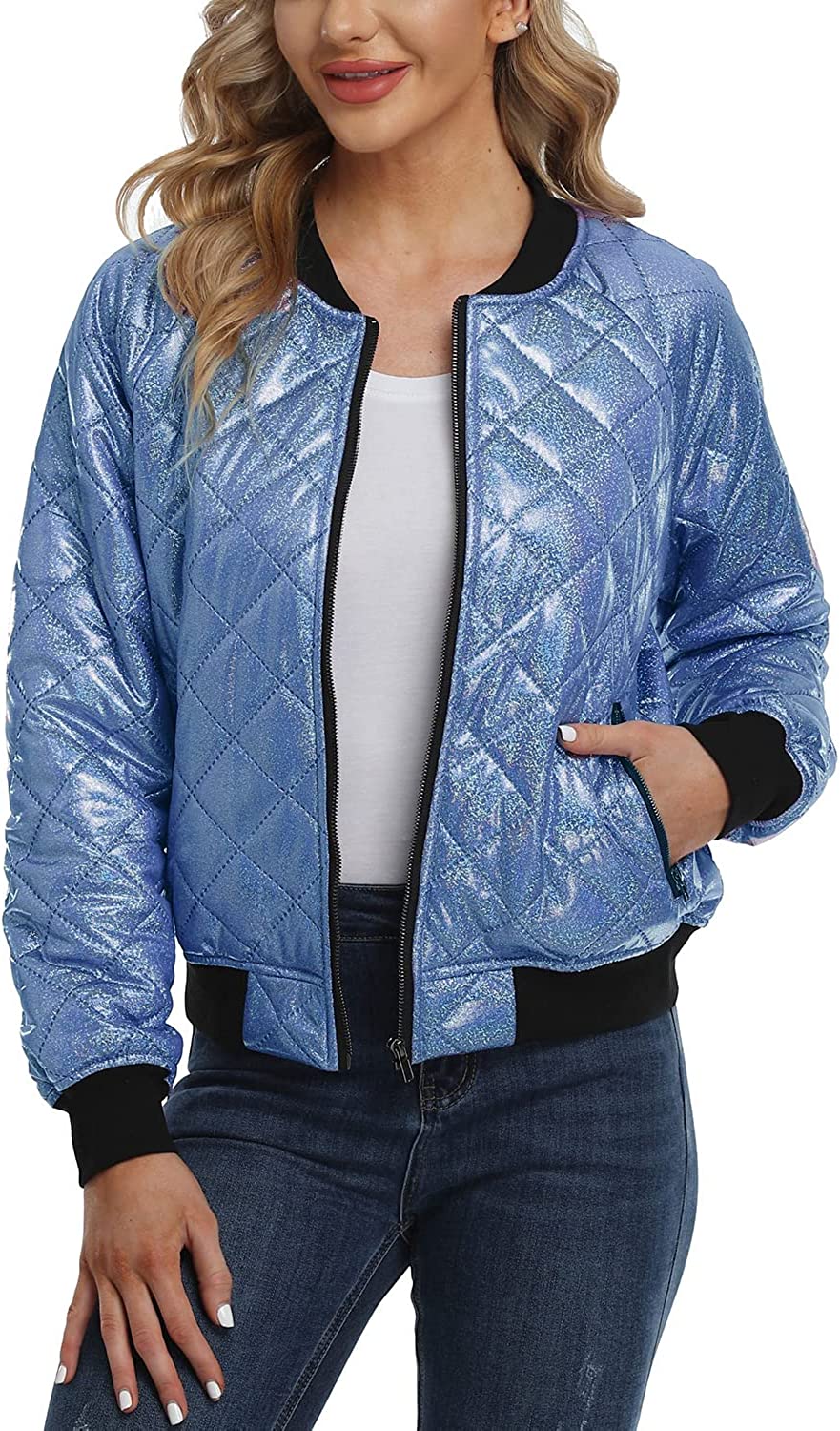 andy & natalie Women's Quilted Jacket Long Sleeve Zip up Raglan Bomber  Jacket wi