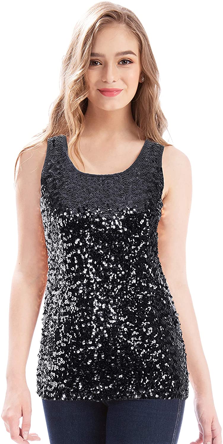 MANER Women's Sequin Tops Sleeveless Glitter Gradient Tank Club Party Vest  XS-3X