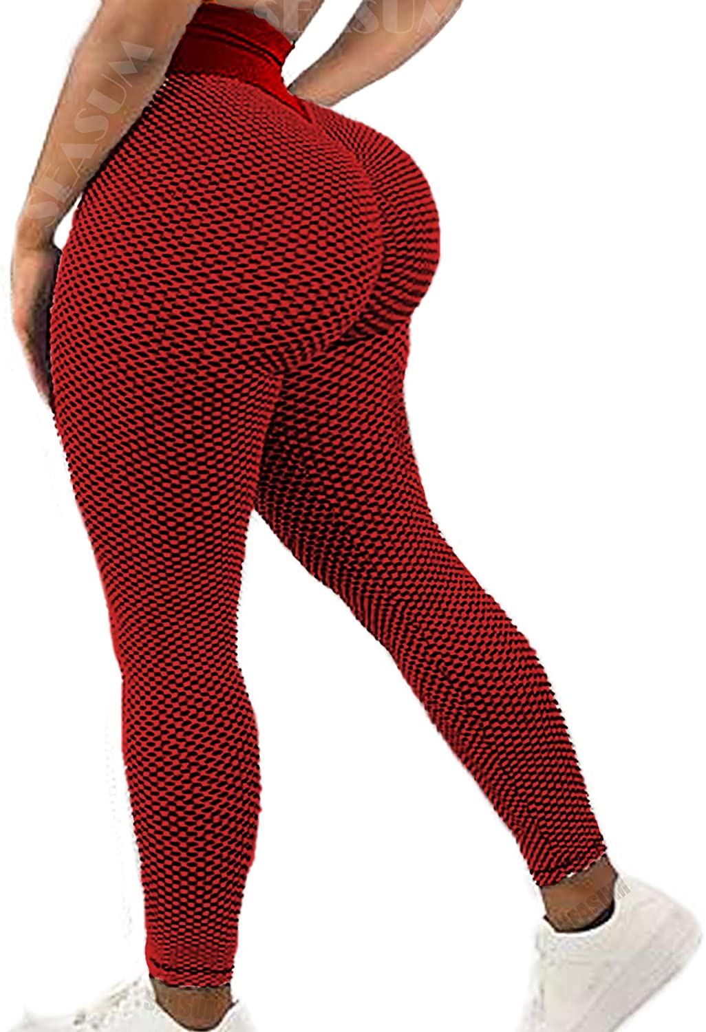 SEASUM Women's High Waist Yoga Pants Ruched Butt Lifting Tummy Control  Workout L