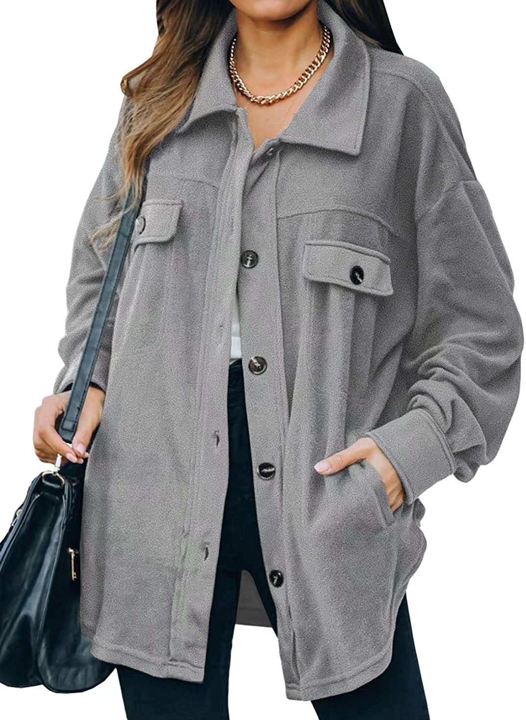 FARYSAYS Womens Single Breasted Shacket Jacket Mid Length Trench Pea Coat Outwear 