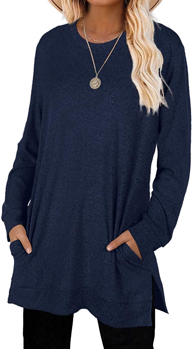 WIHOLL Sweaters for Women Long Sleeve Crew Neck Solid Color Trendy Tops
