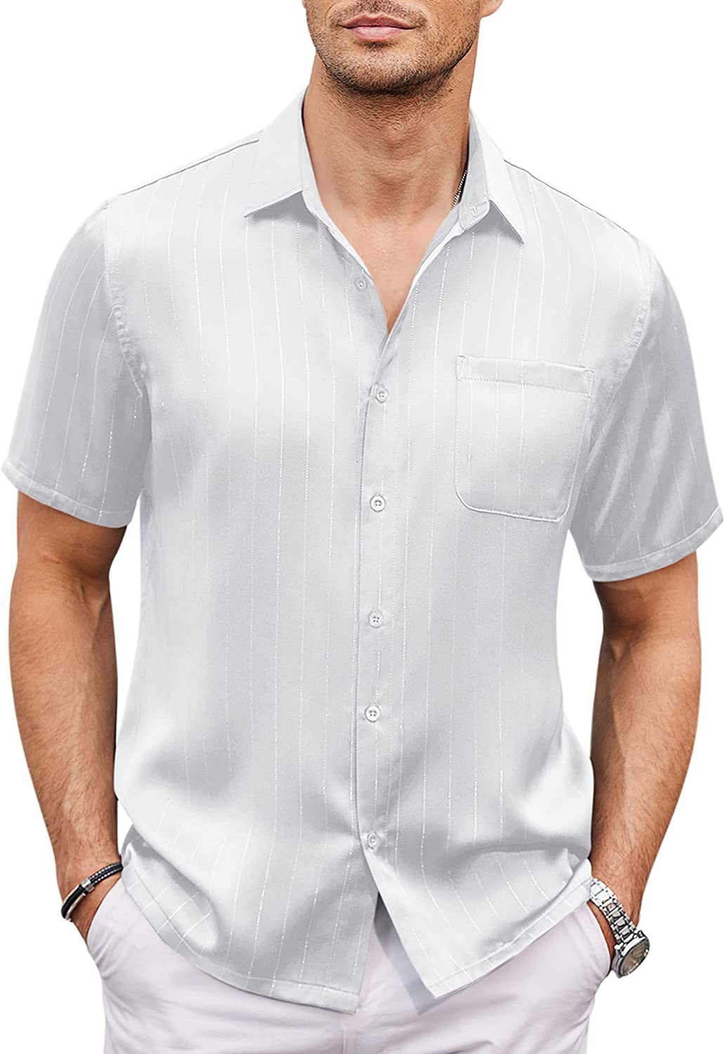 COOFANDY Men's Silk Short Sleeve Dress Shirts Casual Satin Button