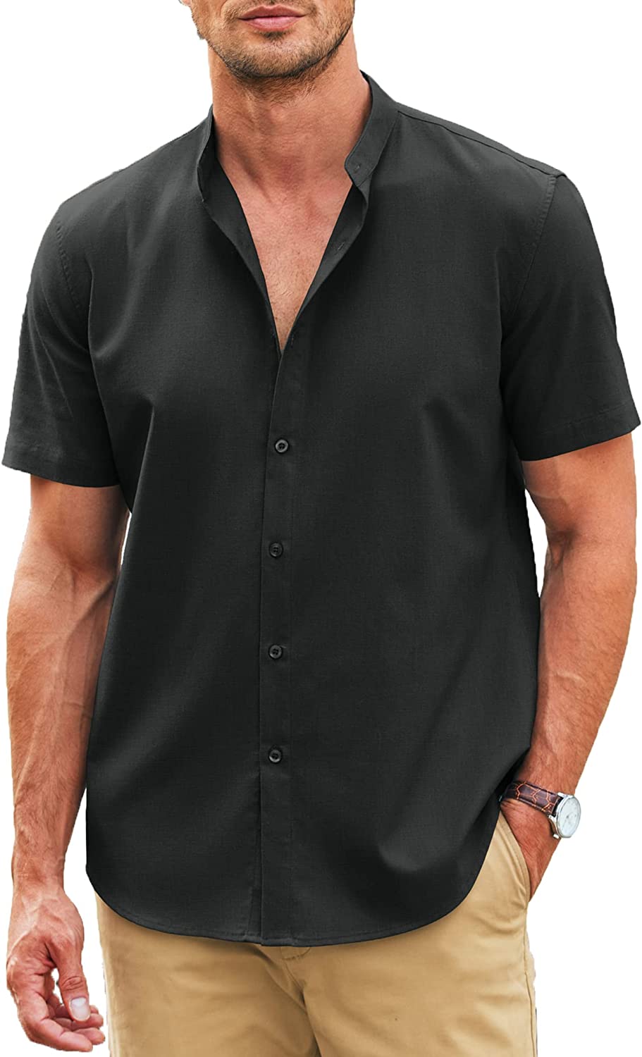 COOFANDY Men's Casual Linen Shirt Band Collar Short Sleeve Button