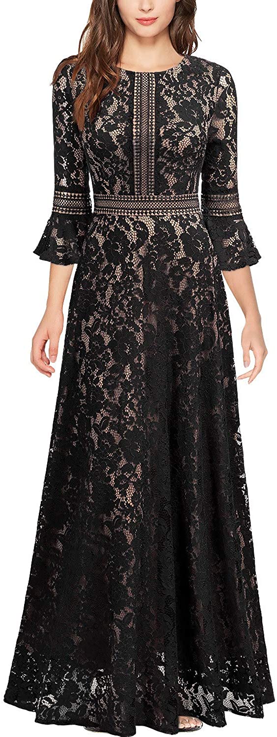 MISSMAY Women's Vintage Full Lace Contrast Bell Sleeve Formal Long