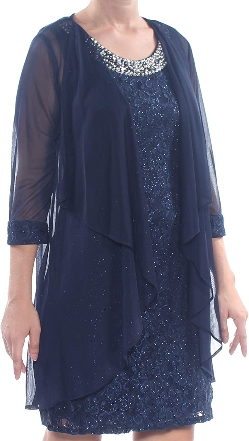  R&M Richards Women's Embellished Lace A-Line Dress with Flyaway  Jacket (4 Petite, Navy) : Clothing, Shoes & Jewelry