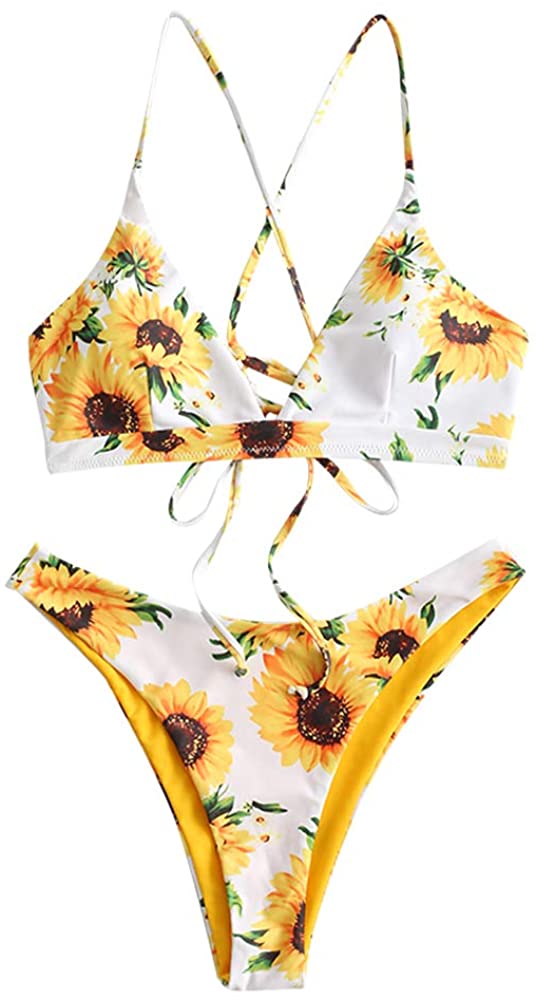 Sunflower Bikini Set, Yellow Flowers Floral White Cute High