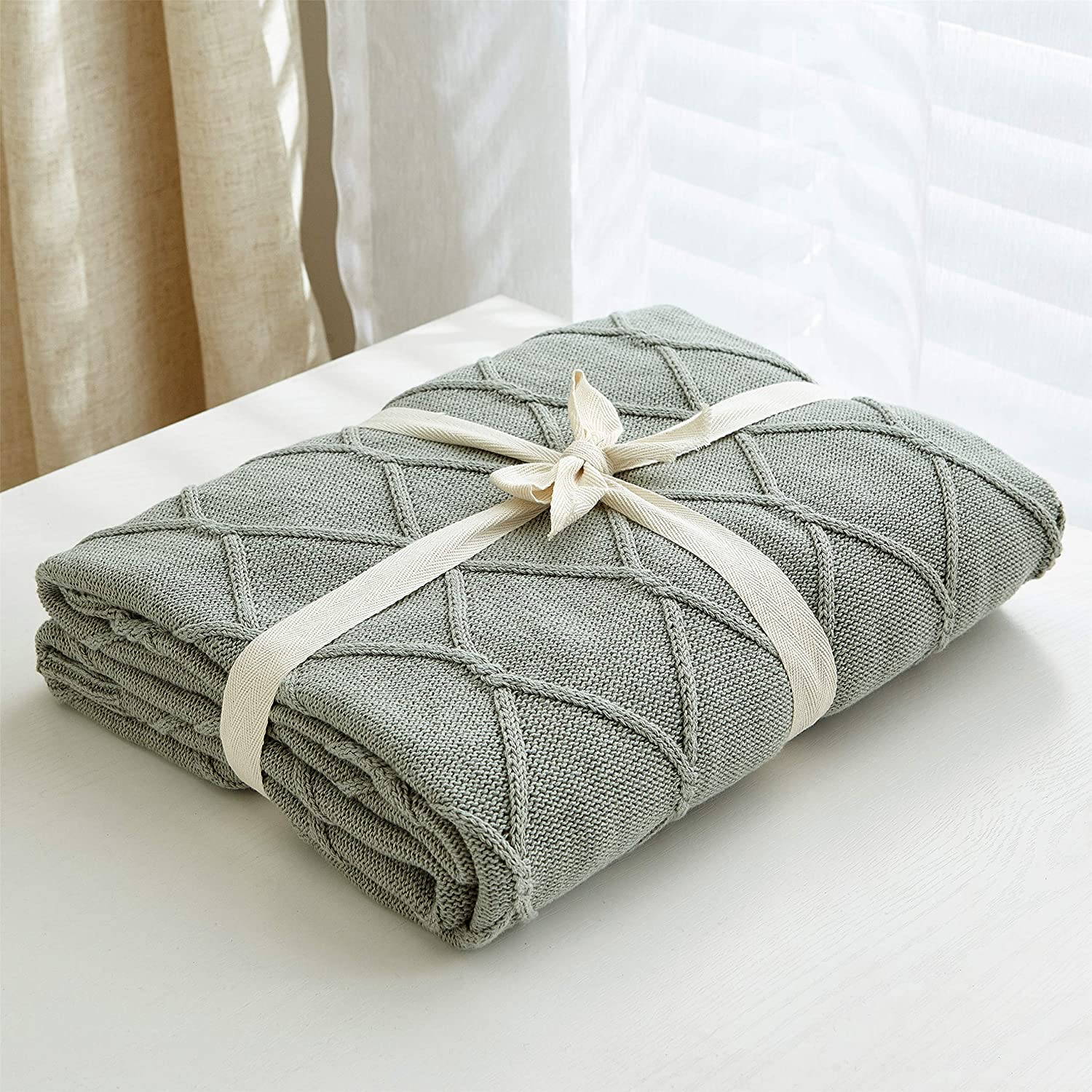 100 Cotton Sage Green Cable Knit Throw Blanket for Couch, Sofa with