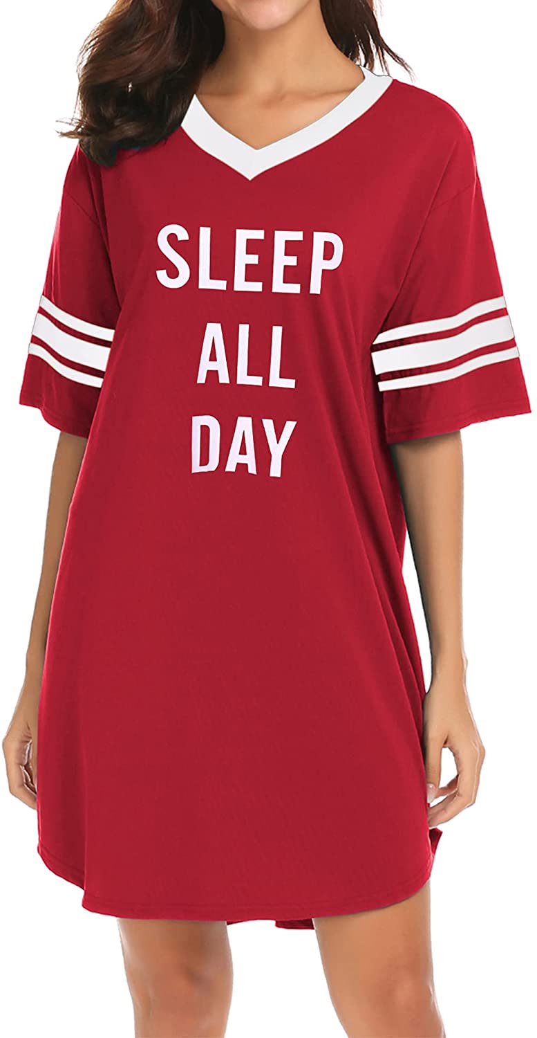 Sleep Shirts For Women Short Sleeve Cotton Novelty Night Shirts V