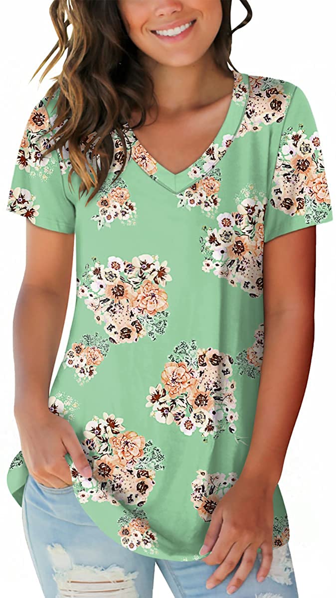 SAMPEEL Womens Summer Tops Floral Tees Short Sleeve Tunic V Neck T Shirts