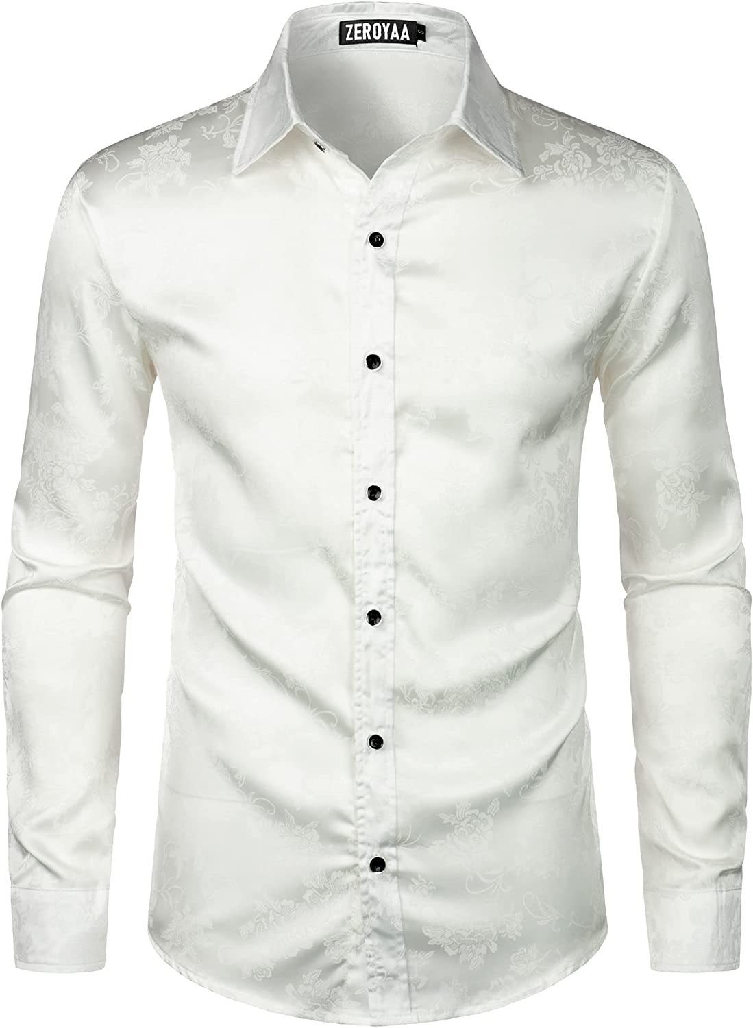 ZEROYAA Men's Hipster Jacquard Long Sleeve Satin Silk Like Button 