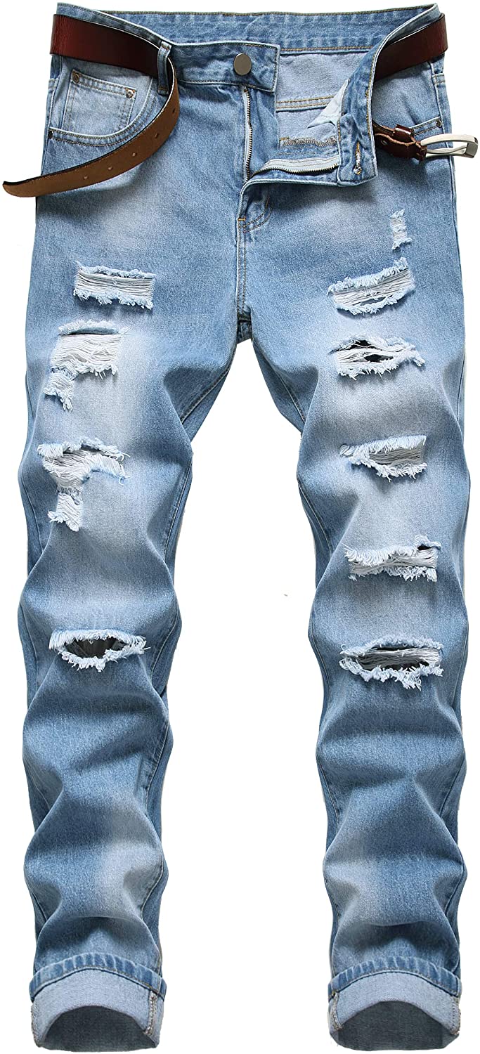 LZNEV Men's Ripped Jeans, Slim Fit Straight Leg Fashion Denim Pants | eBay