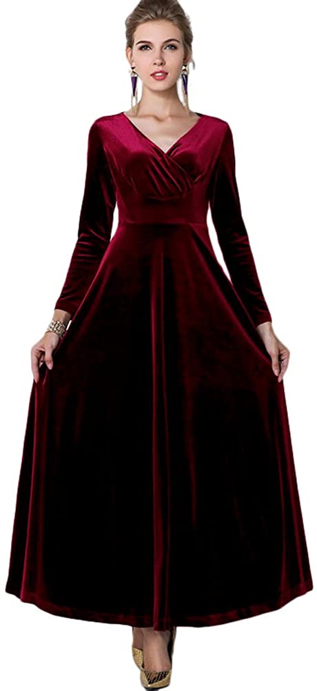 Exchic Women Elegant Velvet Long Dress Evening Party Dancing Dress