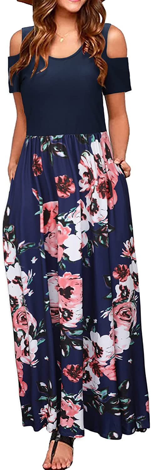 Trolimons Womens Summer Cold Shoulder Floral Print Elegant Maxi Long Dress with Pocket 