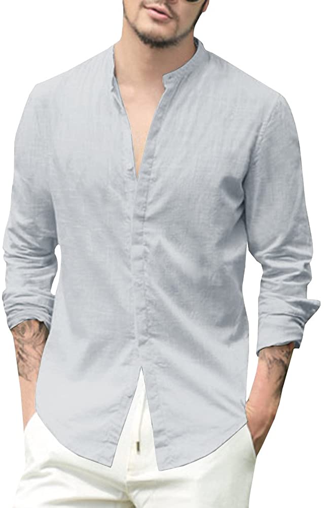Summer Men's Tee Washed Button Tops  Casual Long sleeve Shirt Linen Ultra-Thin 