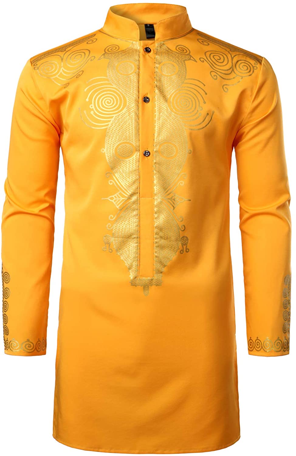 LucMatton Men's Traditional African Dashiki Luxury Metallic Gold Printed Shirt 
