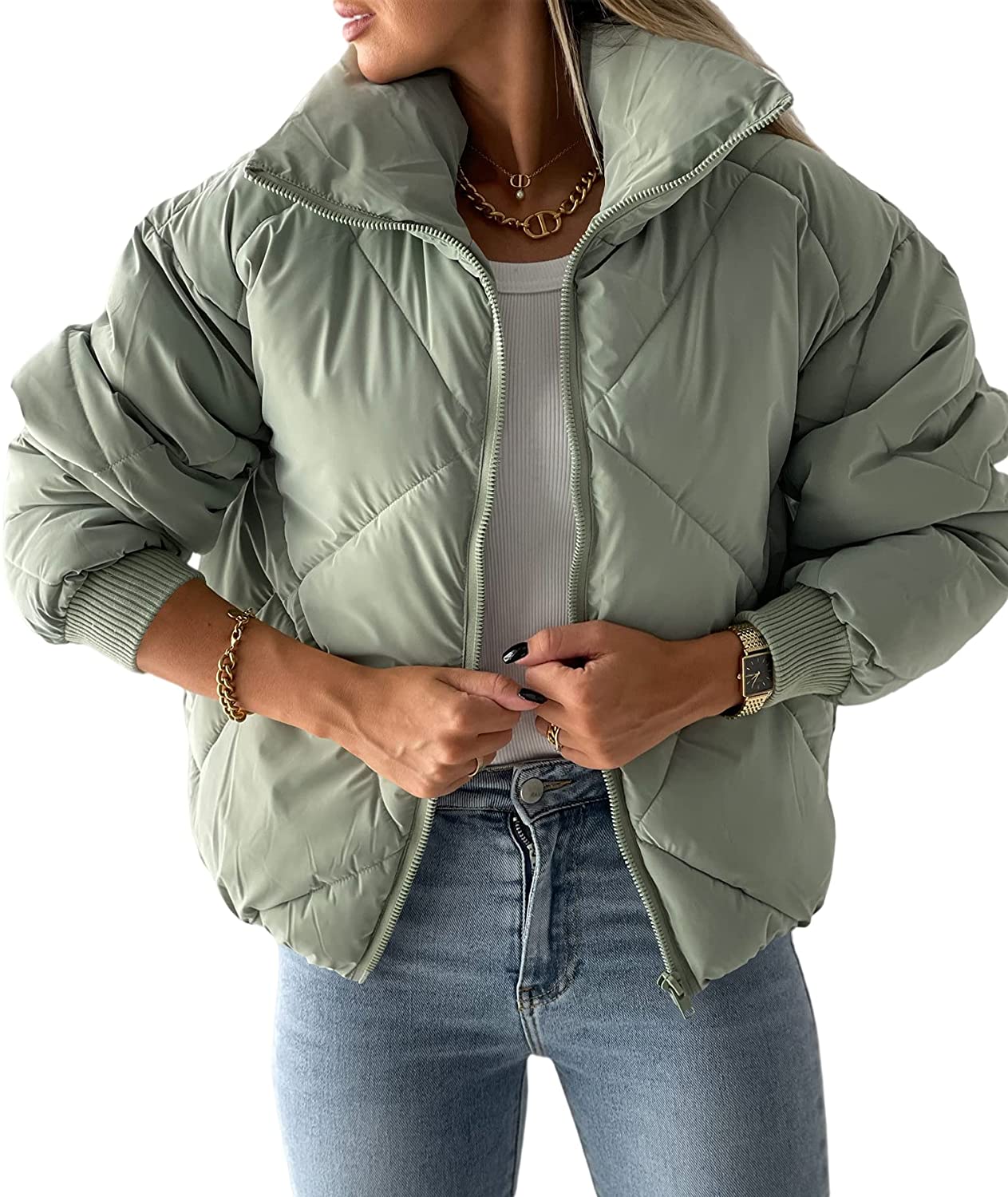 Newffr Womens Quilted Cropped Puffer Jacket Long Sleeve Full