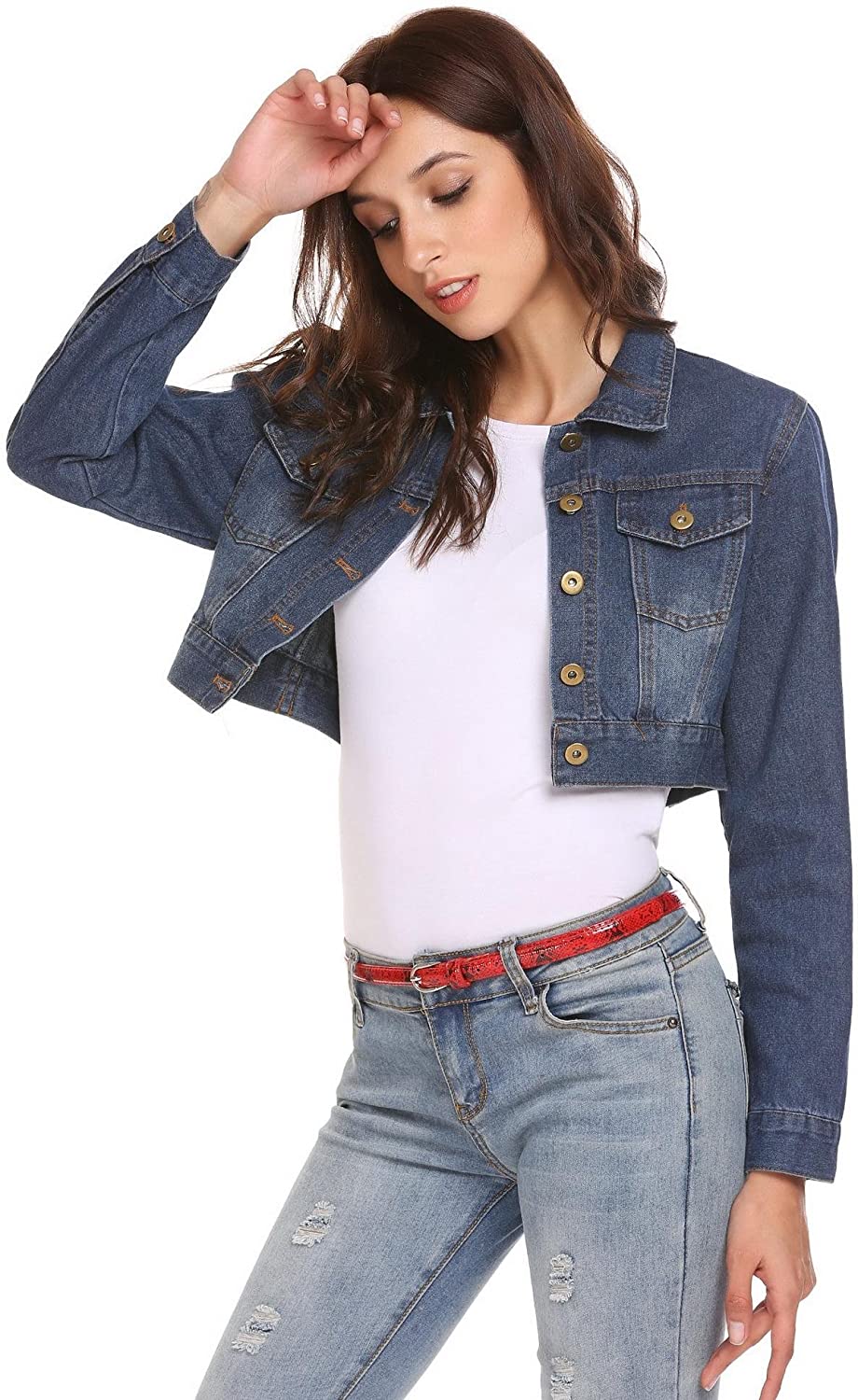 Grabsa Women's Button Down Long Sleeve Cropped Denim Jean Jacket with Pockets