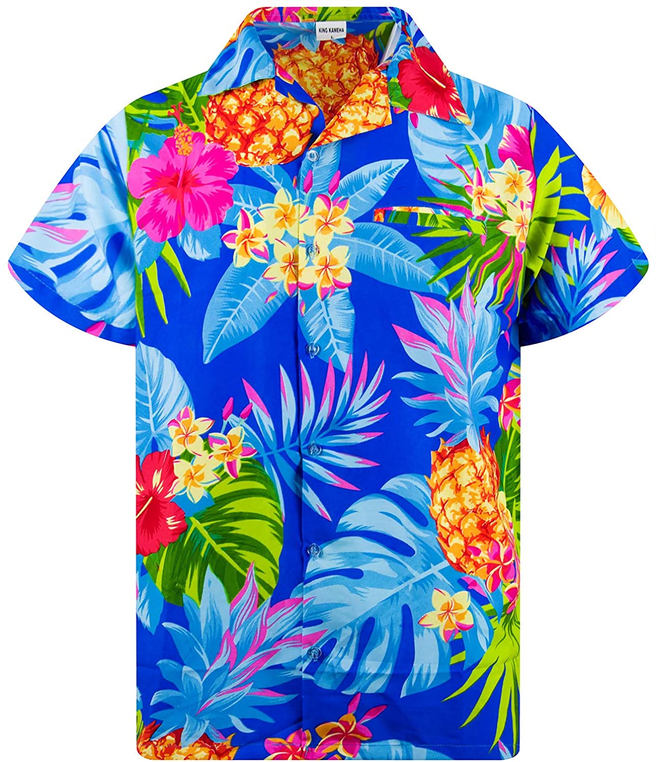 King Kameha Funky Hawaiian Shirt Men Shortsleeve Frontpocket Hawaiian-Print Leaves Flowers Pineapple 