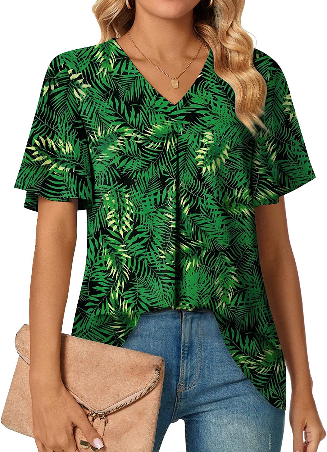 Anyally Womens Summer Dressy Chiffon Blouses V Neck Petal Short Sleeve  Tunic Tops for Leggings Casual T-Shirts, L Khaki - Yahoo Shopping