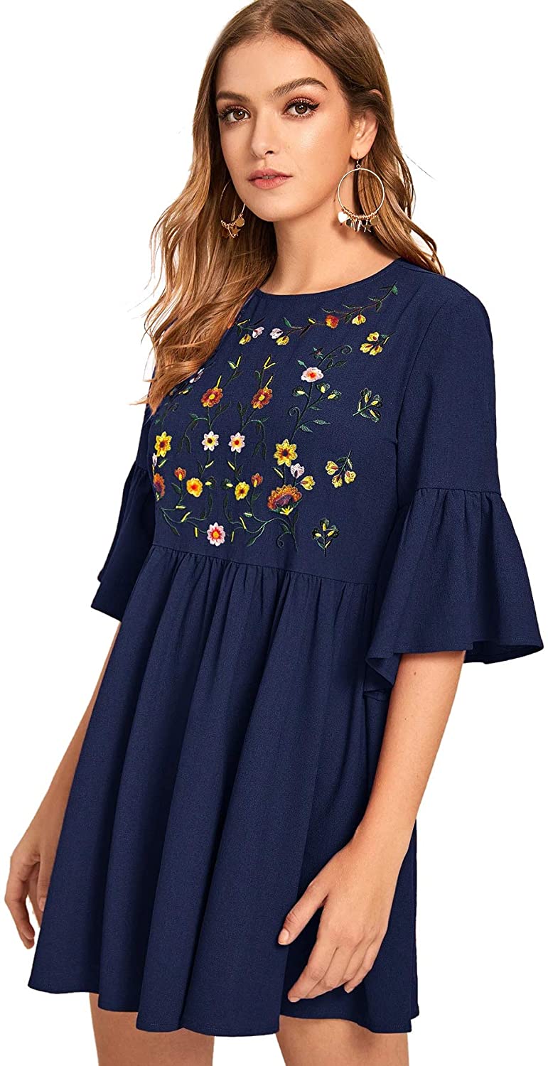 Floerns Women's Embroidered Floral Bell Sleeve A Line Tunic Dress | eBay