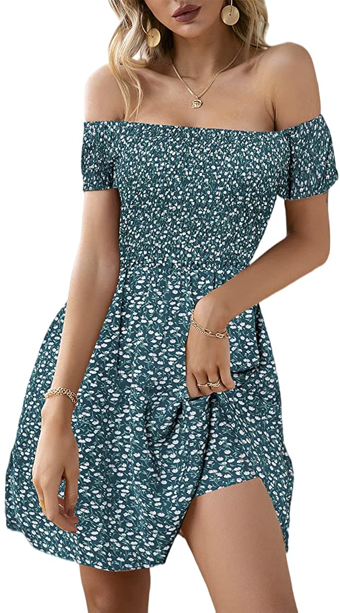 BerryGo Women's Vintage Off Shoulder High Waist Floral Print Beach Mini  Dress | eBay