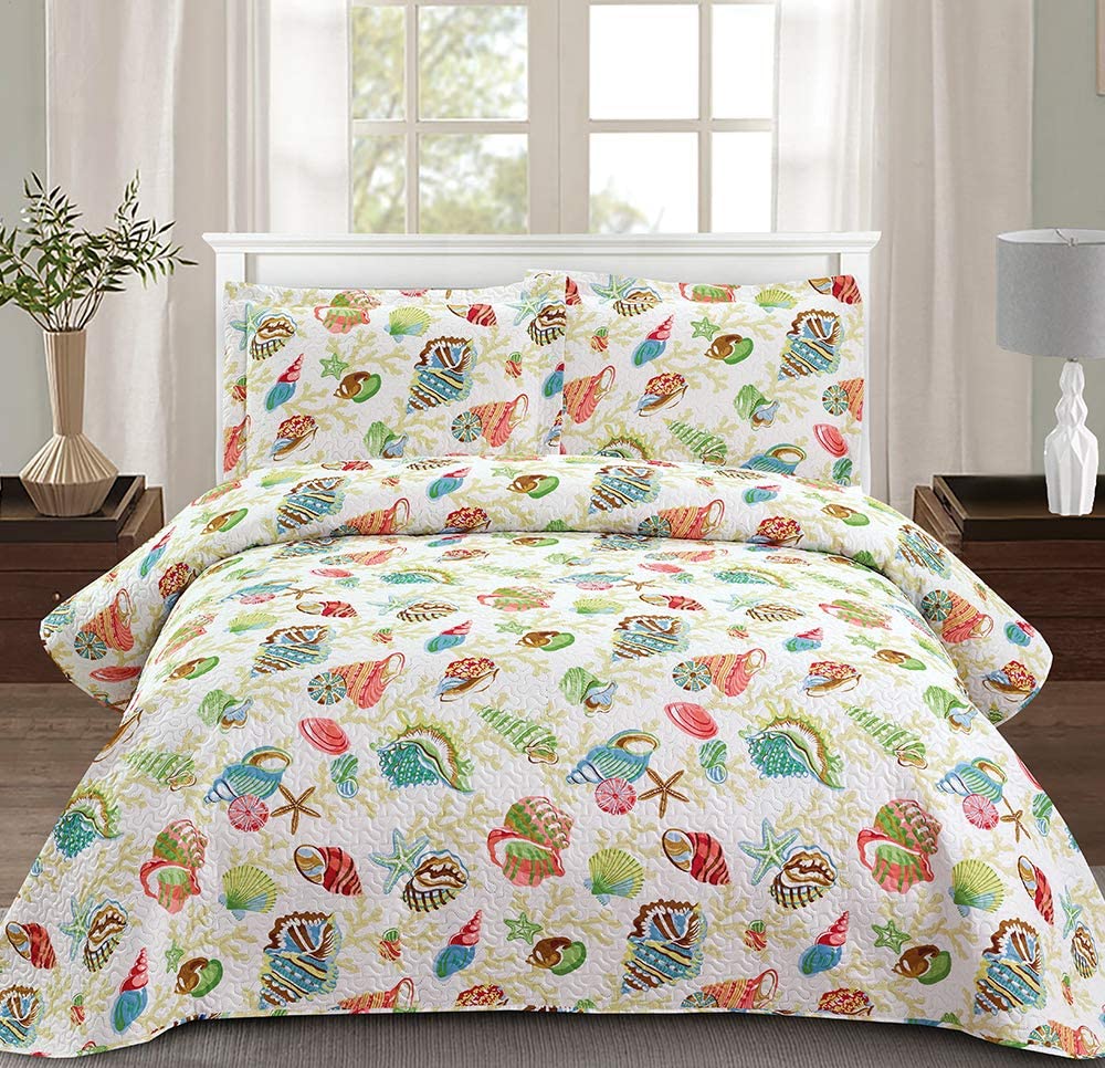 Details about   Beach Quilt Set Twin Size Ocean Coral Bedding Leaves Seaweed Bedspread Coastal Q 