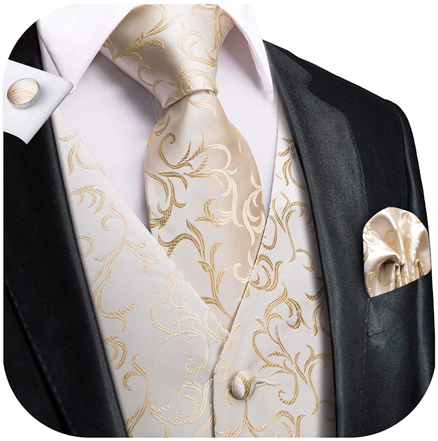 Hi-Tie Men's 4pc Waistcoat Vest Necktie Pocket Square Cufflinks Set For Suit or Tuxedo More Color for Choose 