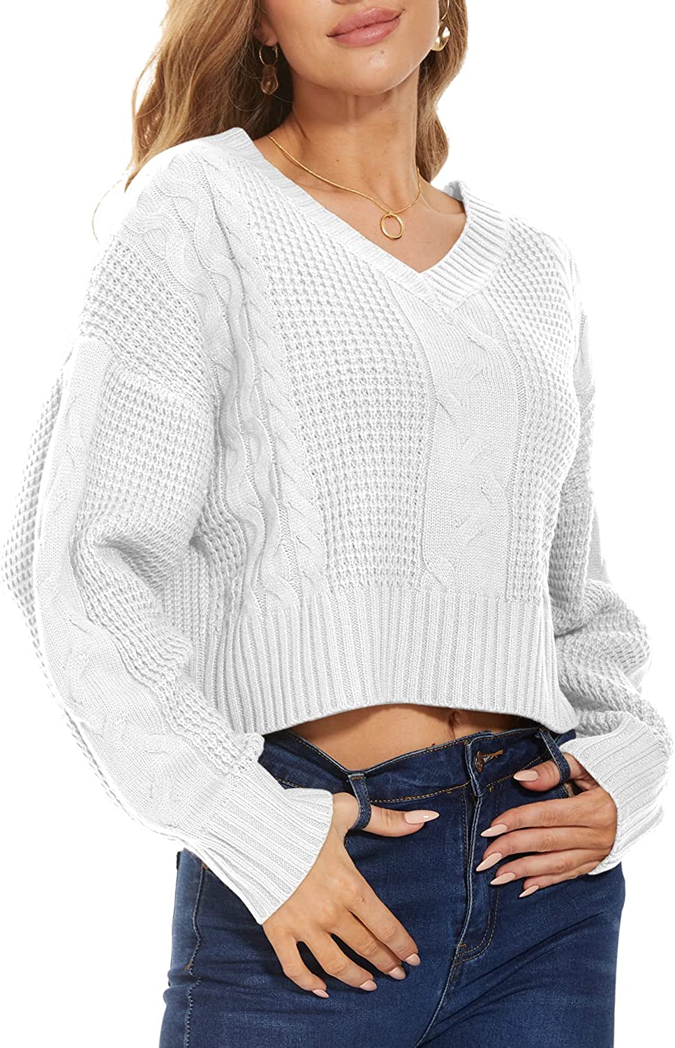 Jumppmile Womens V Neck Waffle Knit Cropped Top Long Sleeve Pullover Crop  Sweater : : Clothing, Shoes & Accessories