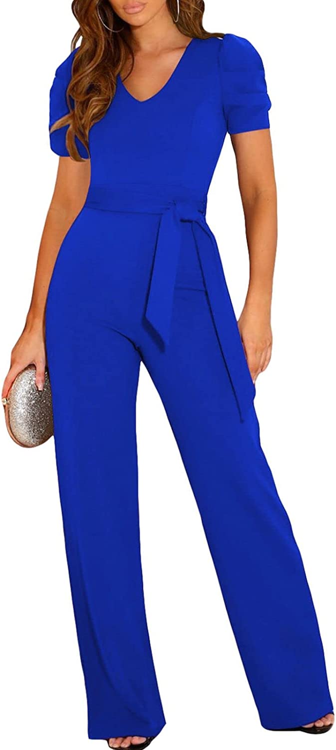  Royal Blue Jumpsuit For Women Short Sleeve Casual V Neck  Belted Wide Leg Formal Rompers Jumpsuits XX-Large