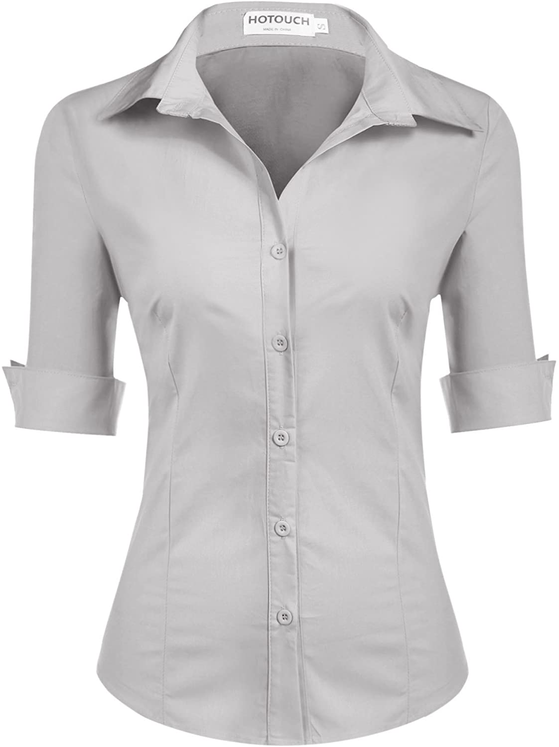 Hotouch Womens 3/4 Sleeve Basic Button Down Shirt Slim Fit Cotton Dress  Shirts