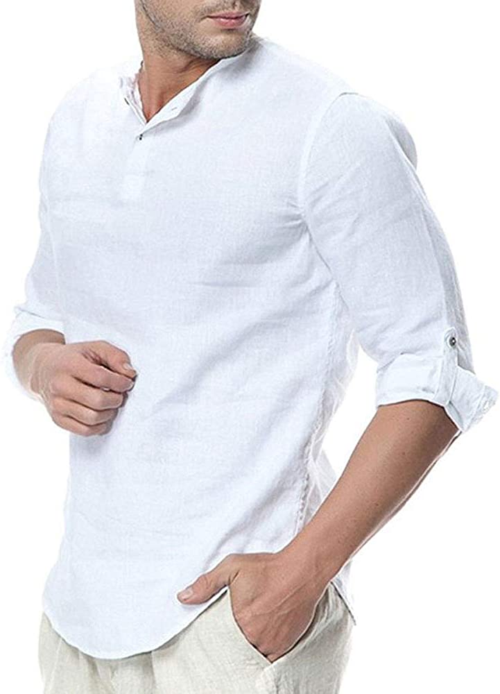 WULFUL Mens Cotton Linen Henley Shirt Loose Fit Long Sleeve Casual T-Shirt Beach Yoga Tops 
