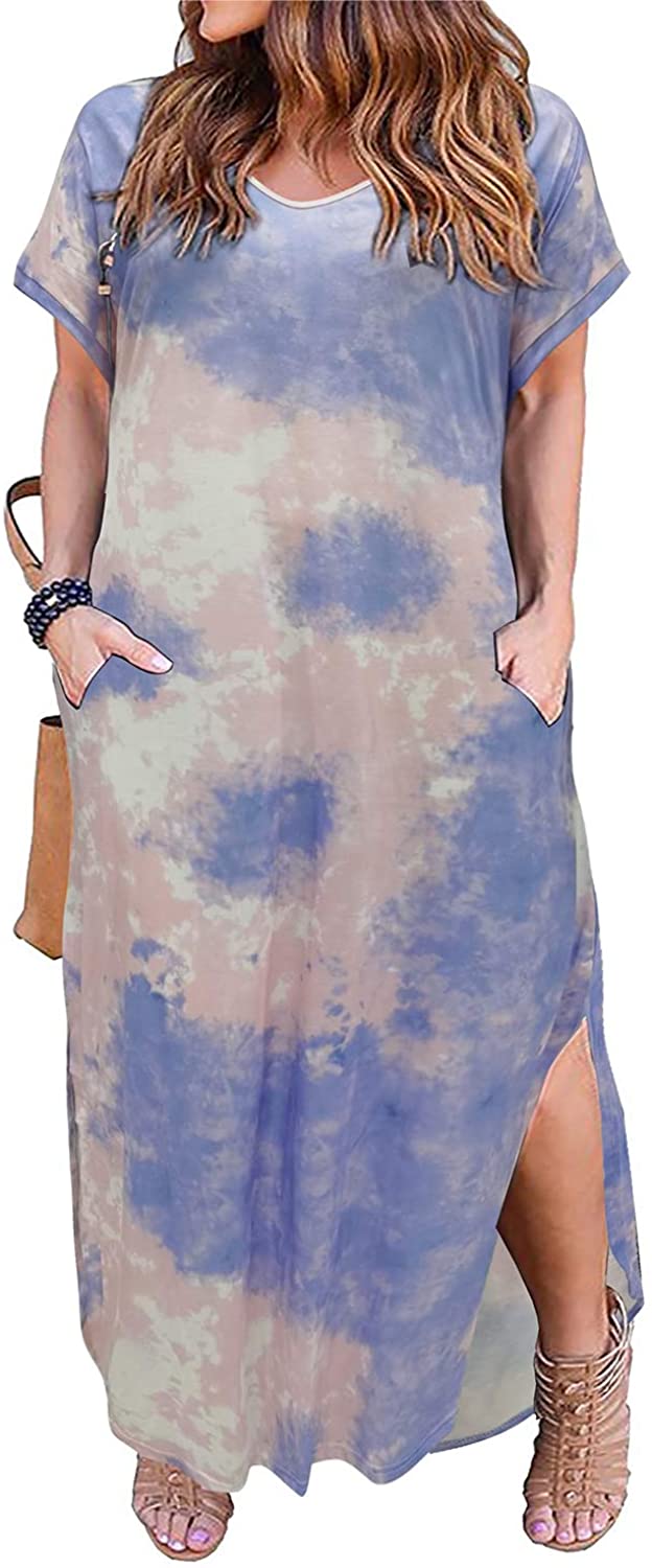 Nemidor Womens Casual Loose Pocket Long Dress Short Sleeve Plus Size Slit Maxi Dress 