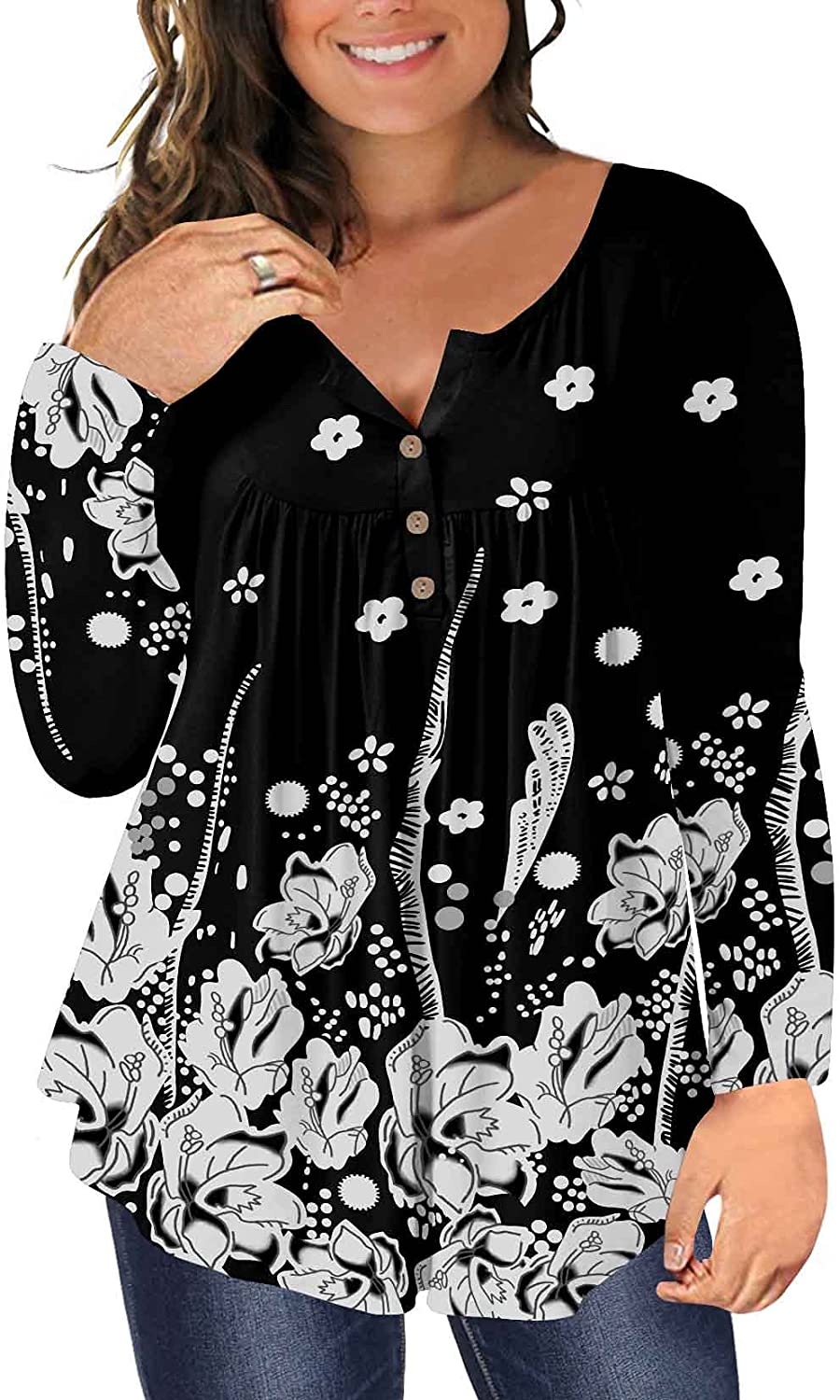 Girdtyd Womens Plus Size Tops Button Up Tunic Tops Floral Pleated Casual  Long Sl