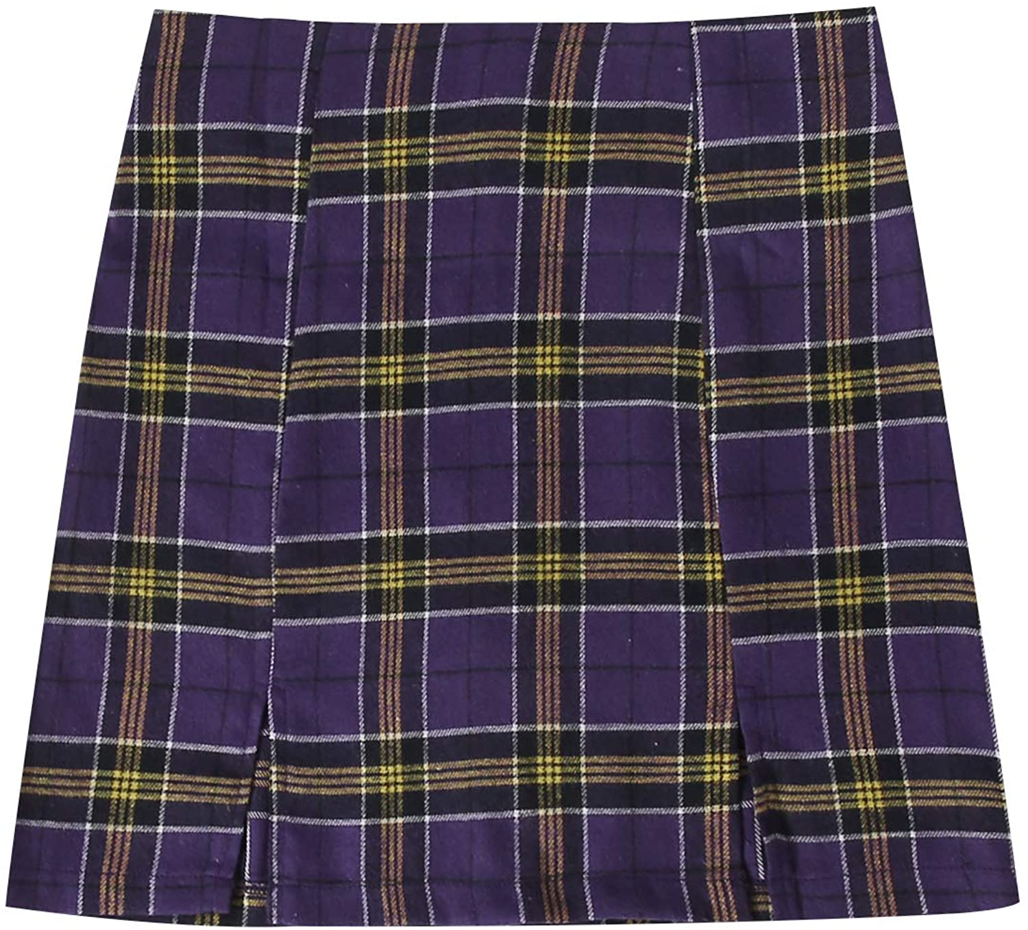 WDIRARA Womens Plaid Mid Waist Split Hem Above Knee Mini Grid Bodycon Skirt 