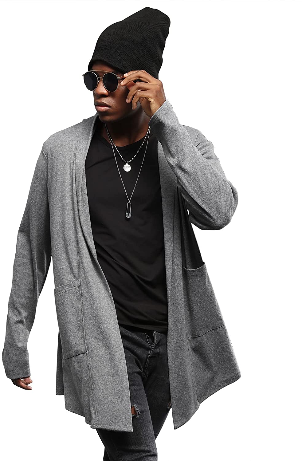 Poriff Mens Draped Cardigans Long Sleeve with Hooded Pockets Long Shawl ...