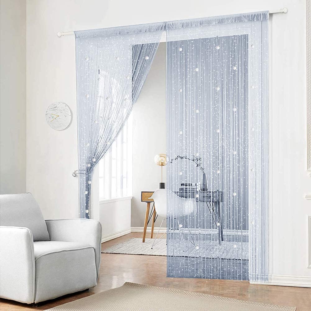String Curtain Panel White Net Window Door Fly Screen Tassels Fringe W59"xL98" 