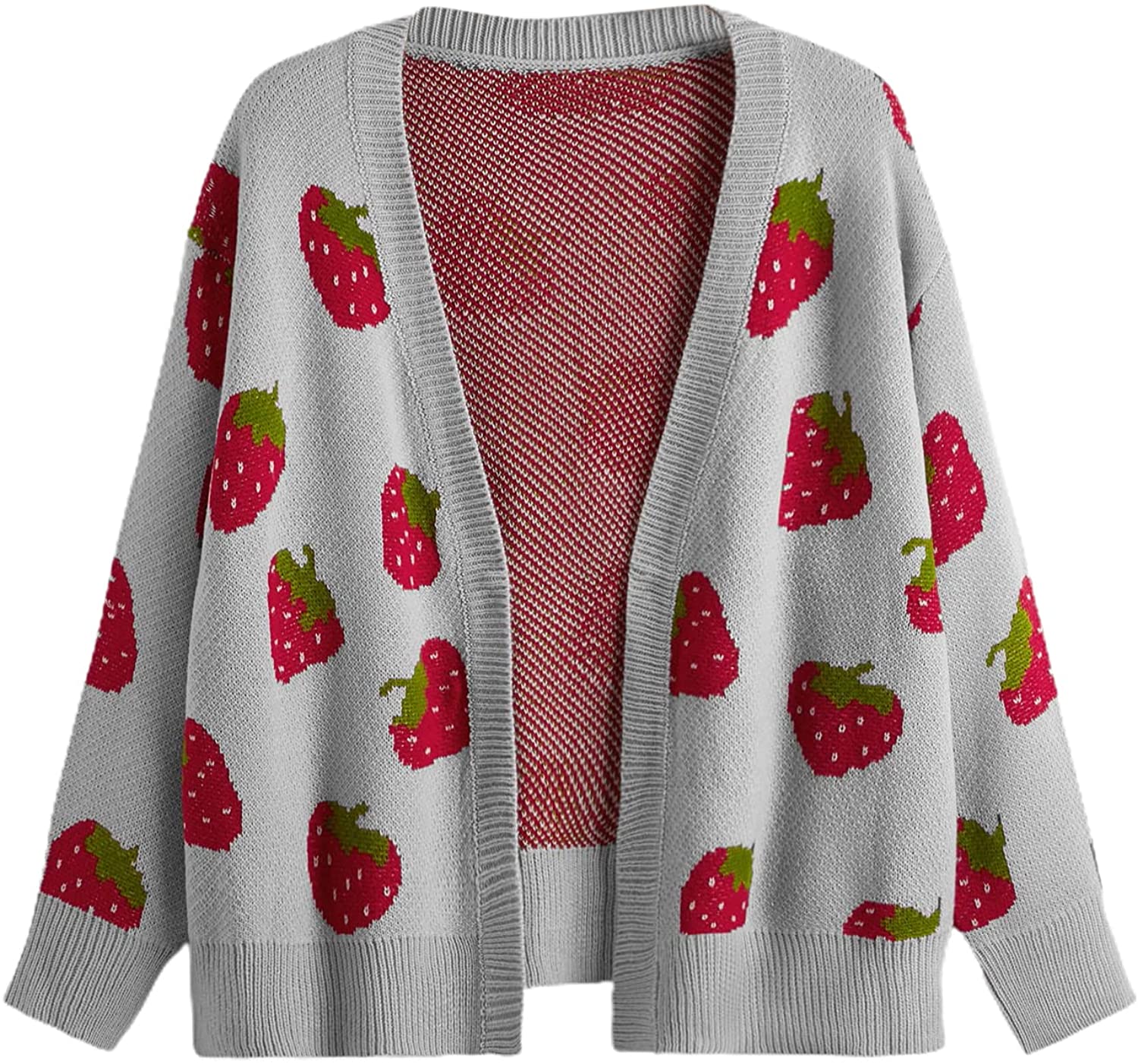 MakeMeChic Women's Plus Size Strawberry Print Long Sleeve Open Front Knit Cardigan Sweater 