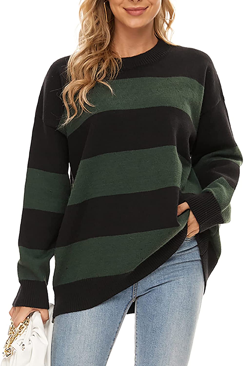 Fantaslook Striped Sweater Women Crewneck Oversized Pullover Sweaters Knit  Color Block, Green, Medium : : Clothing, Shoes & Accessories